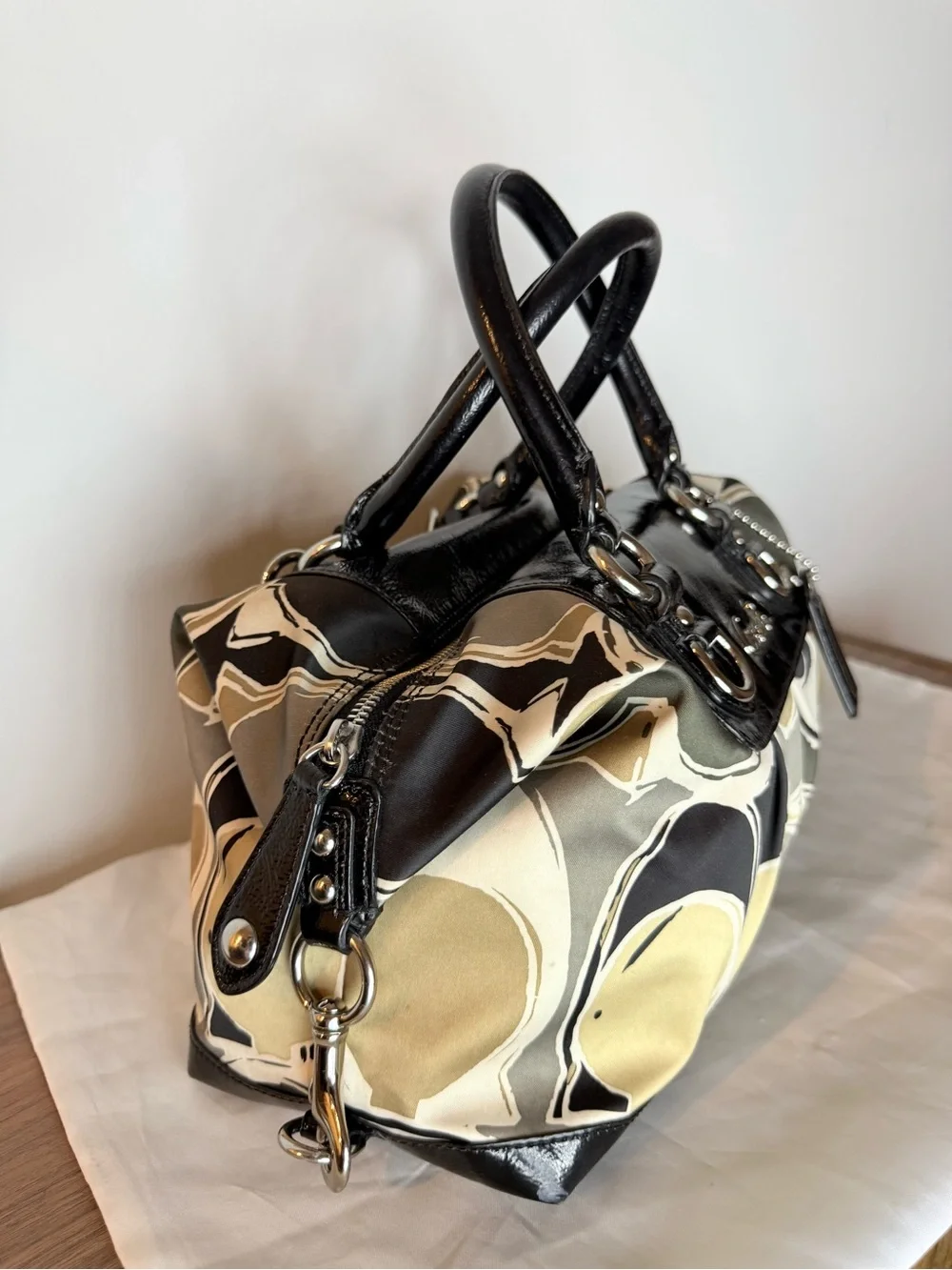 Coach (2011) Ashley Scarf Print Satin Satchel Bag- Black
